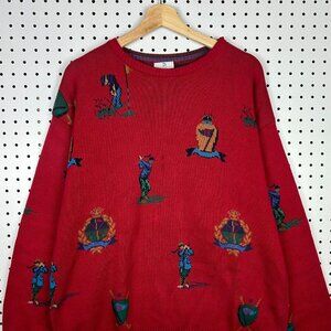 Neiman Marcus Vintage Golf Knit‎ Sweater Large Red All Over Print Grandpa 90s